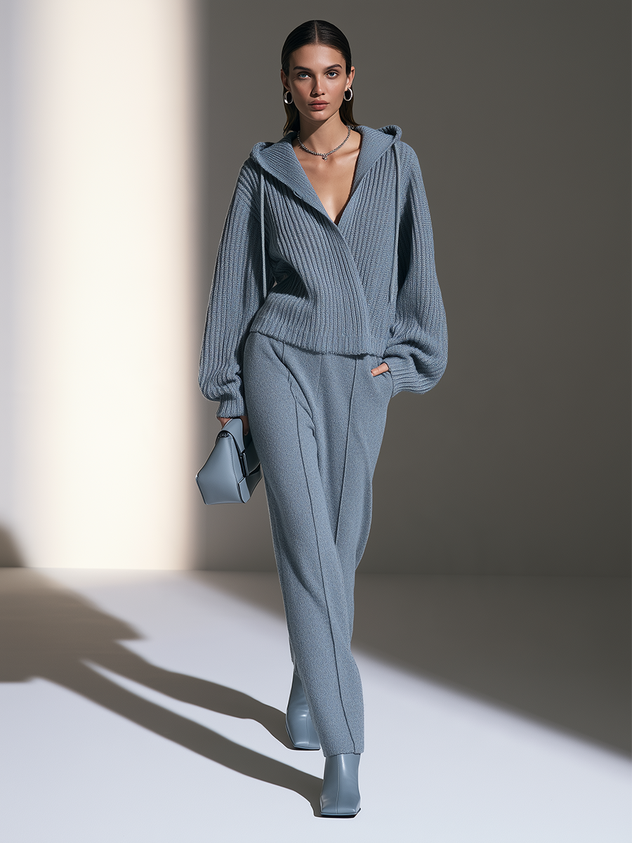 Women's Dusty Blue Hooded Long-Sleeve Knit Cardigan