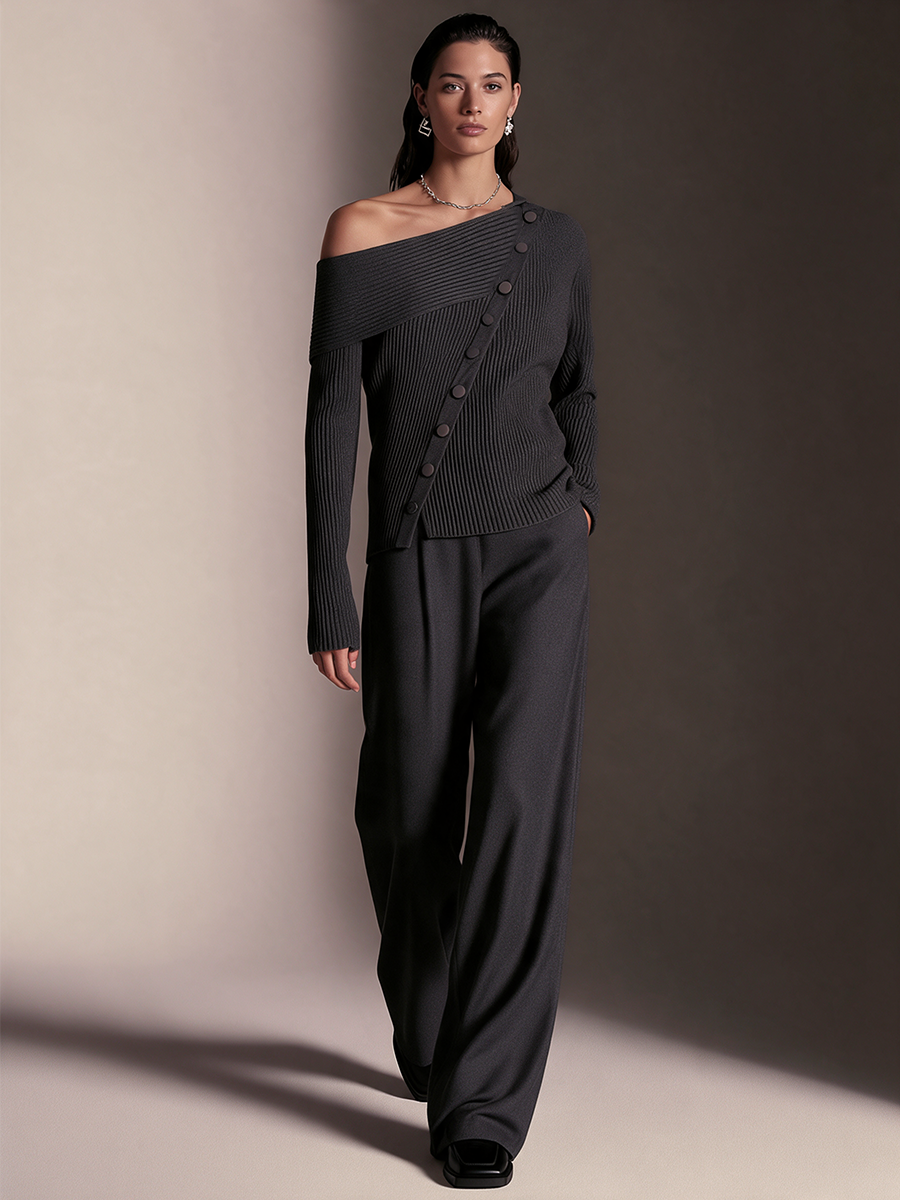 Women's Dark Grey Diagonal‑Button Off‑Shoulder Long‑Sleeve Knit Top