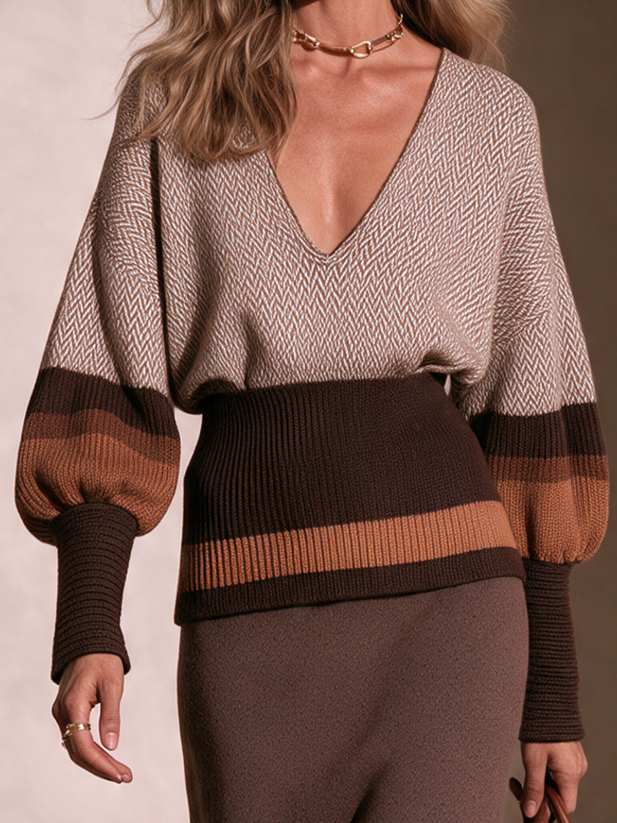 Women's Color‑Block V‑Neck Lantern‑Sleeve Knit Top