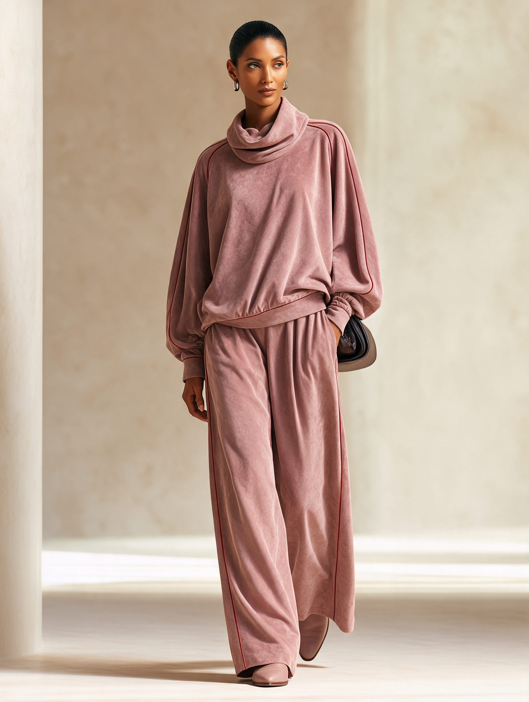 Women's Velour Cowl Neck Pullover & Wide Leg Pants Two Piece Set