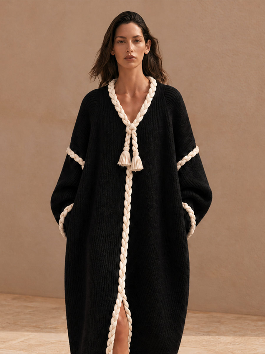 Women's Oversized Ribbed Knit Dress with Braided Rope Trim