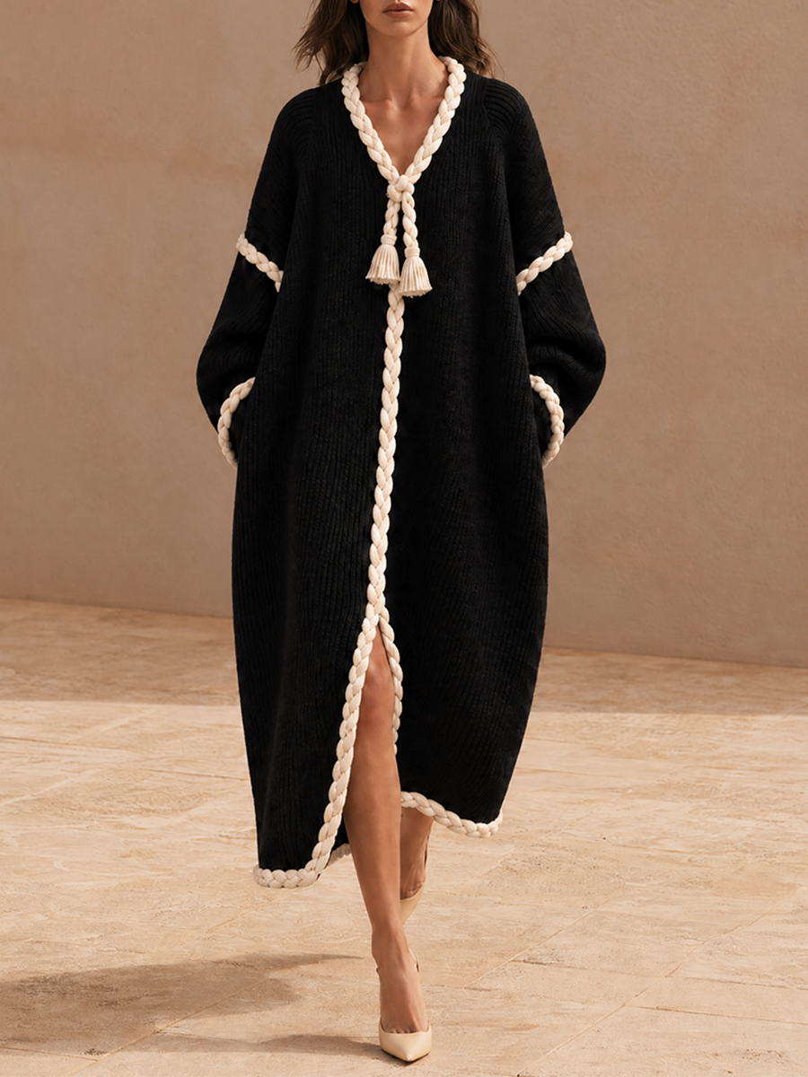 Women's Oversized Ribbed Knit Dress with Braided Rope Trim