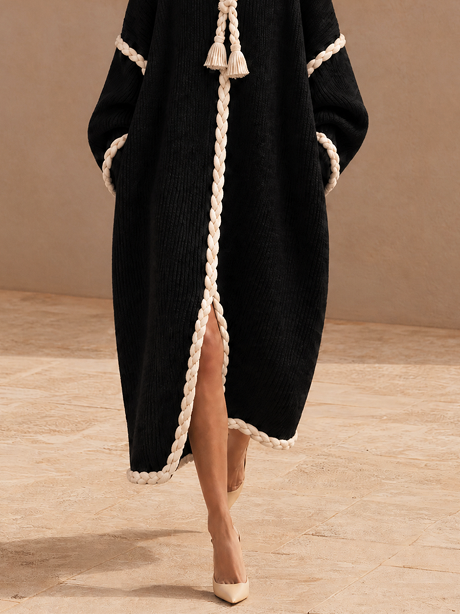 Women's Oversized Ribbed Knit Dress with Braided Rope Trim