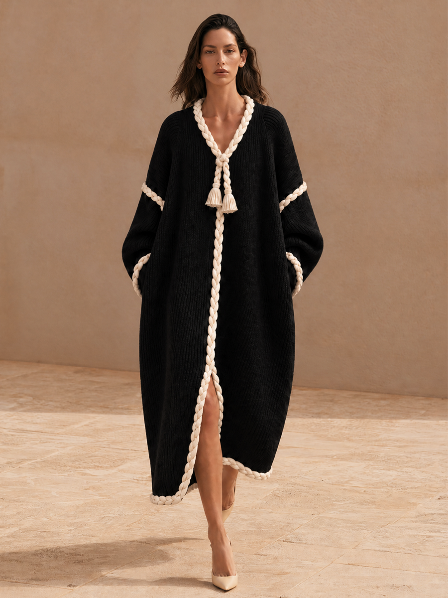 Women's Oversized Ribbed Knit Dress with Braided Rope Trim