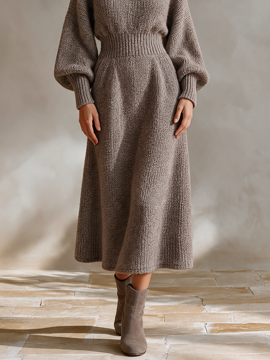 Women's Off Shoulder Knit Sweater Dress Long Sleeve A-Line Midi