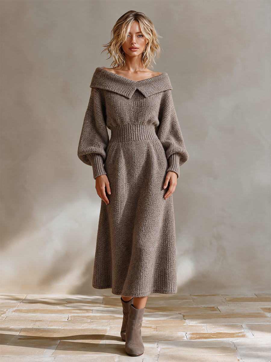 Women's Off Shoulder Knit Sweater Dress Long Sleeve A-Line Midi