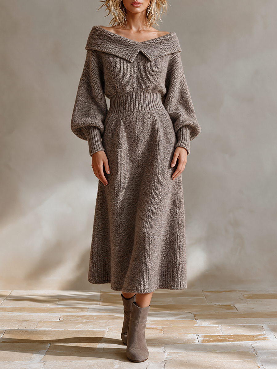 Women's Off Shoulder Knit Sweater Dress Long Sleeve A-Line Midi