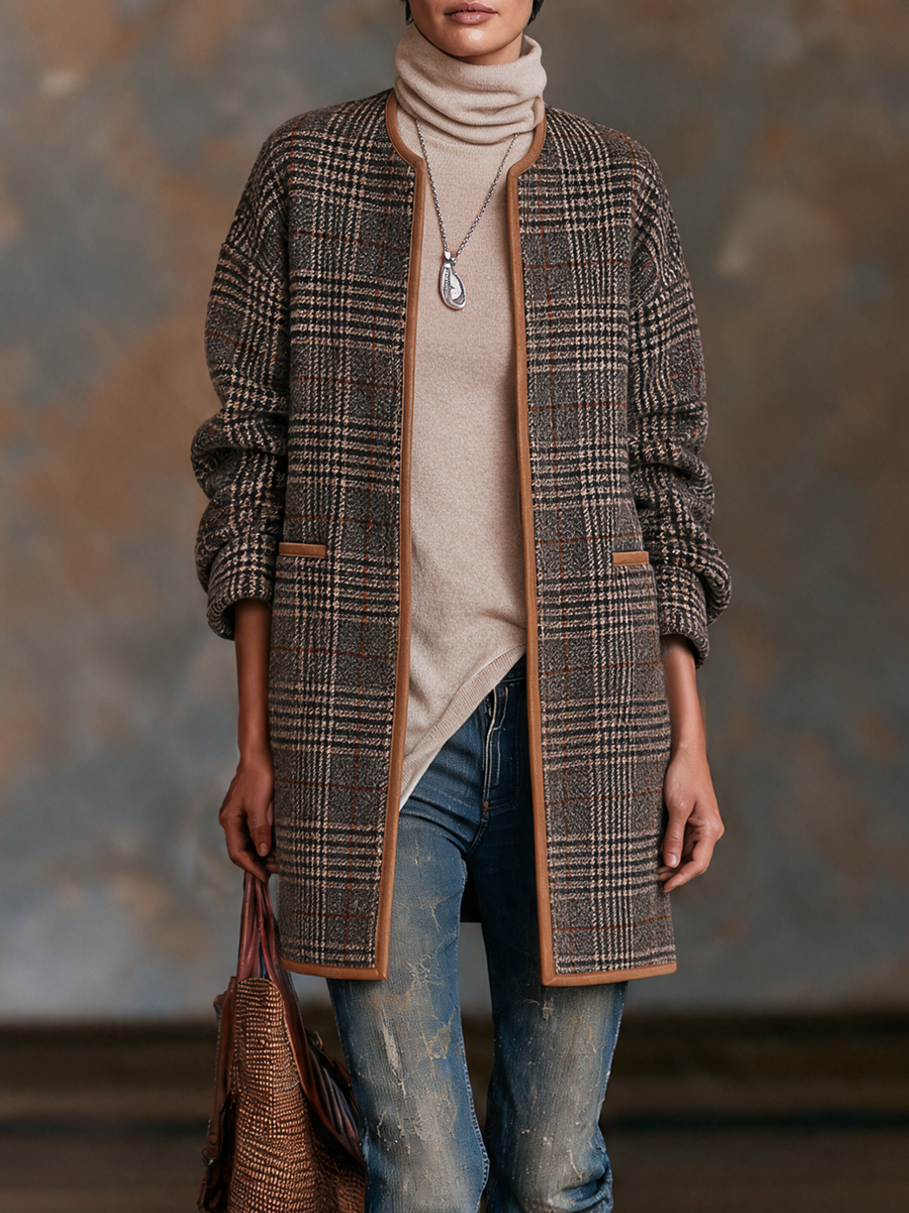 Women's Vintage-style Plaid Wool-blend Collarless Coat With Leather Trim