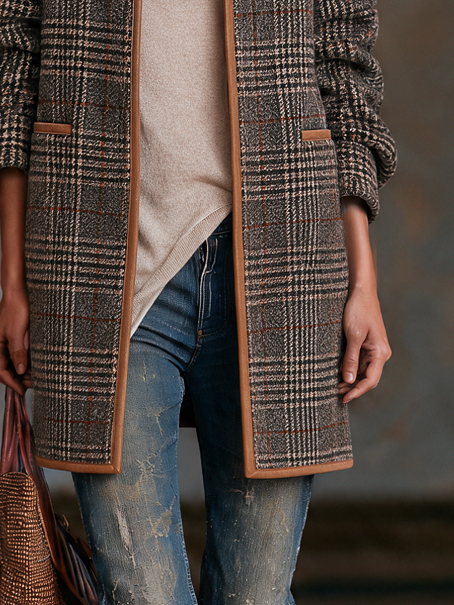 Women's Vintage-style Plaid Wool-blend Collarless Coat With Leather Trim