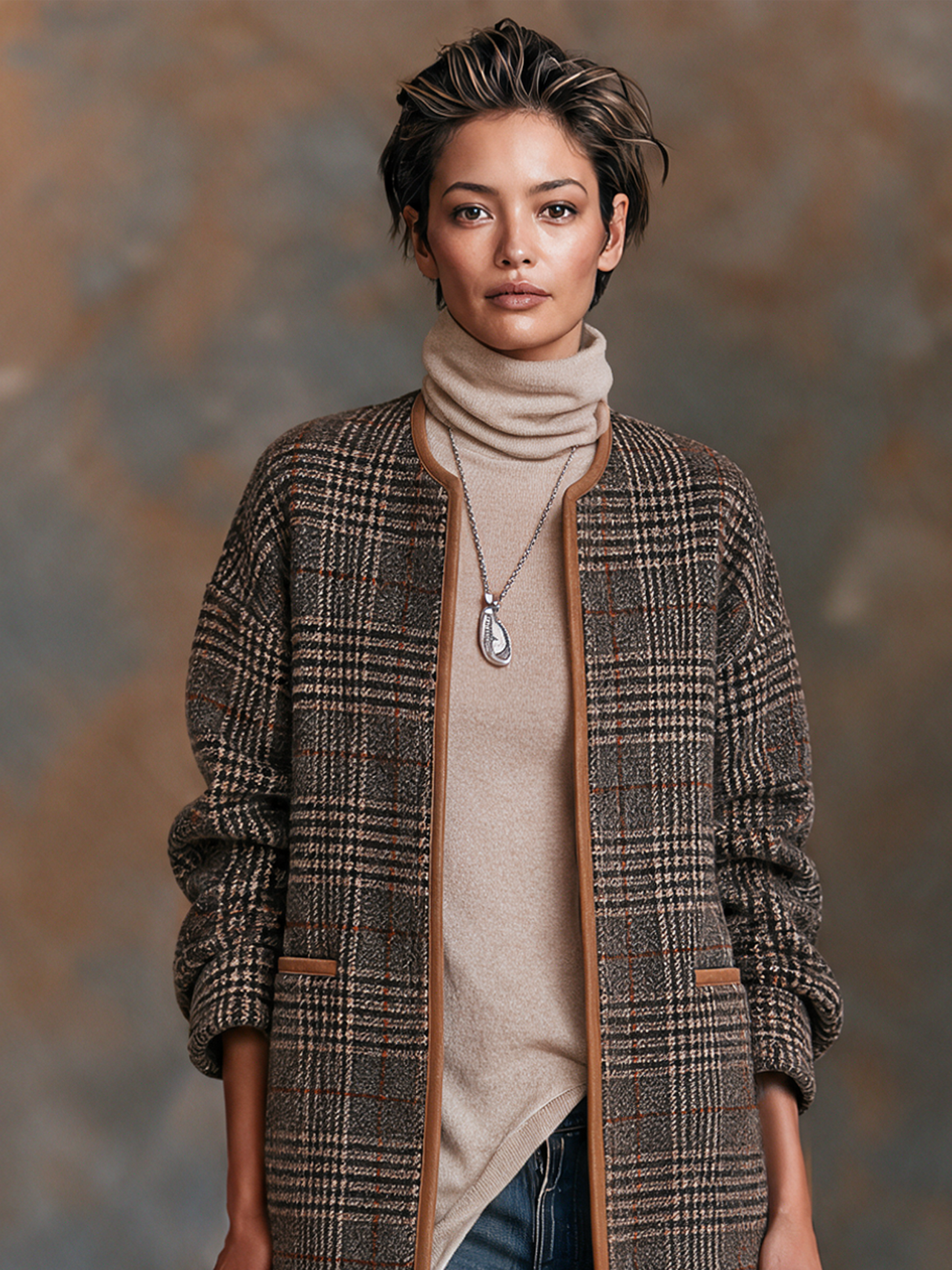 Women's Vintage-style Plaid Wool-blend Collarless Coat With Leather Trim