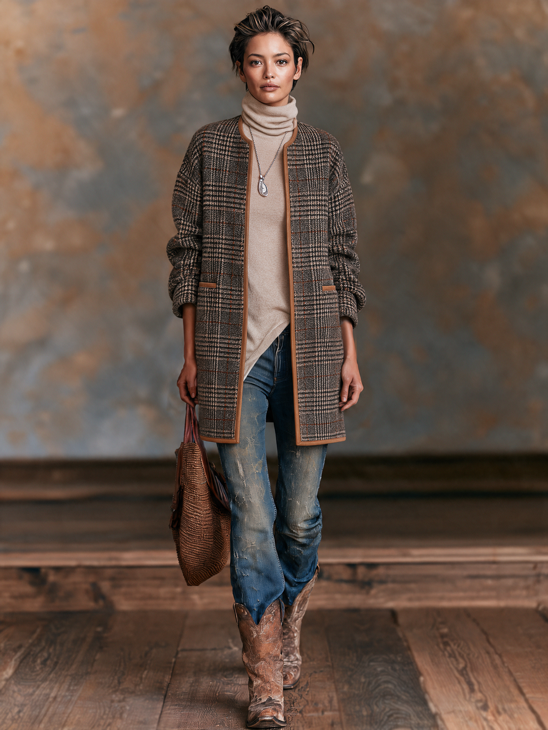 Women's Vintage-style Plaid Wool-blend Collarless Coat With Leather Trim