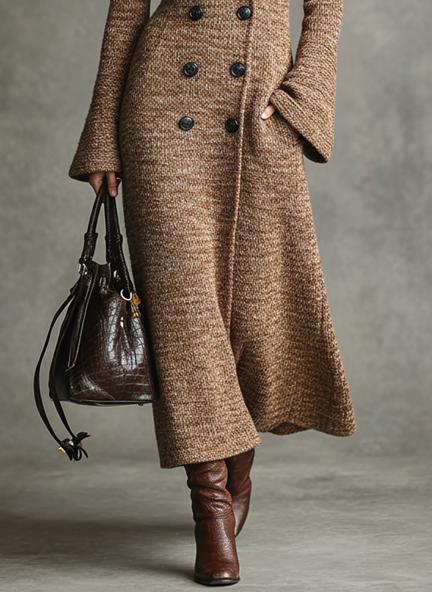 Women's Vintage Double-Breasted Long Knit Cardigan With Flared Sleeves