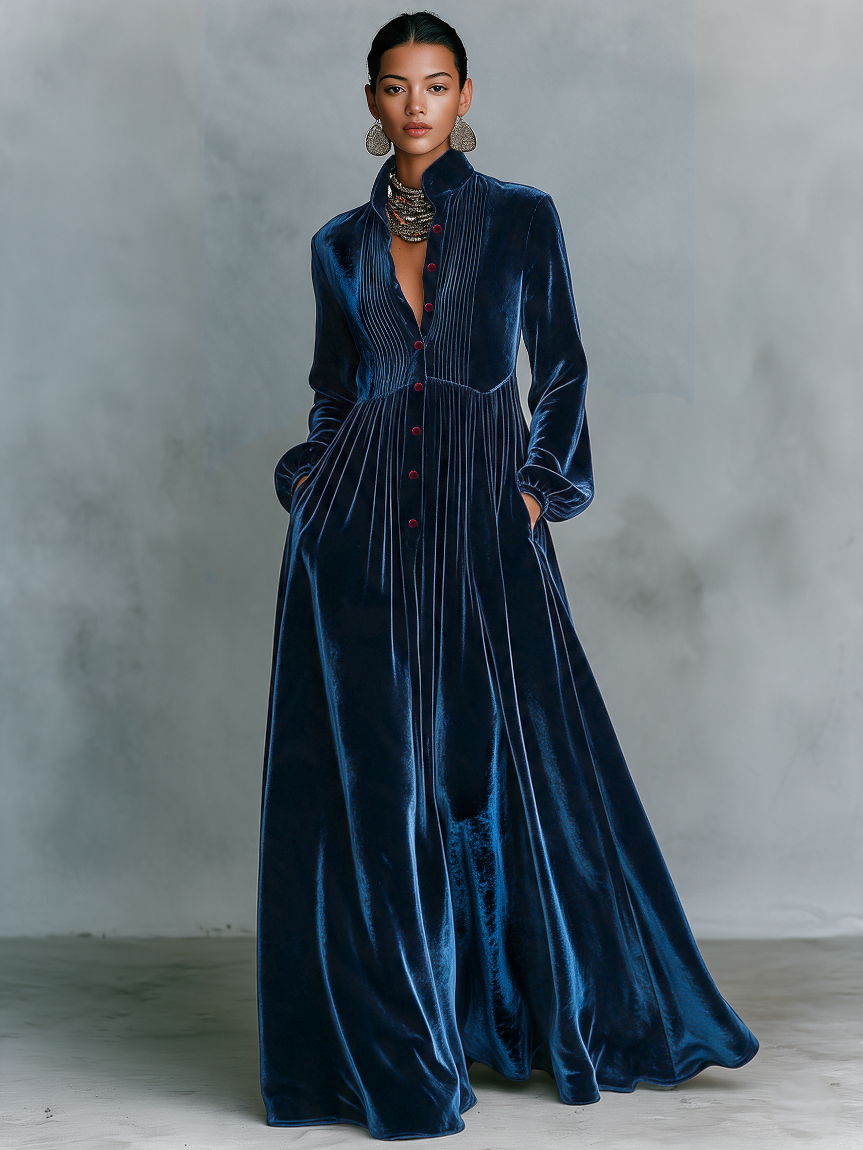 Women's Vintage Single-Breasted Velvet Maxi Dress