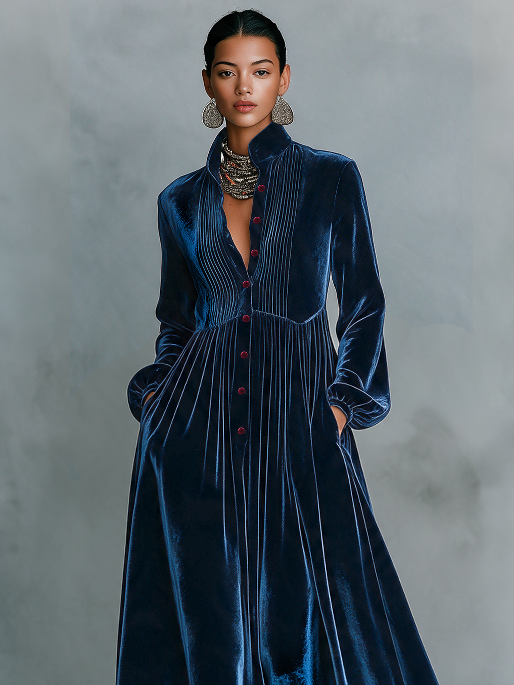 Women's Vintage Single-Breasted Velvet Maxi Dress