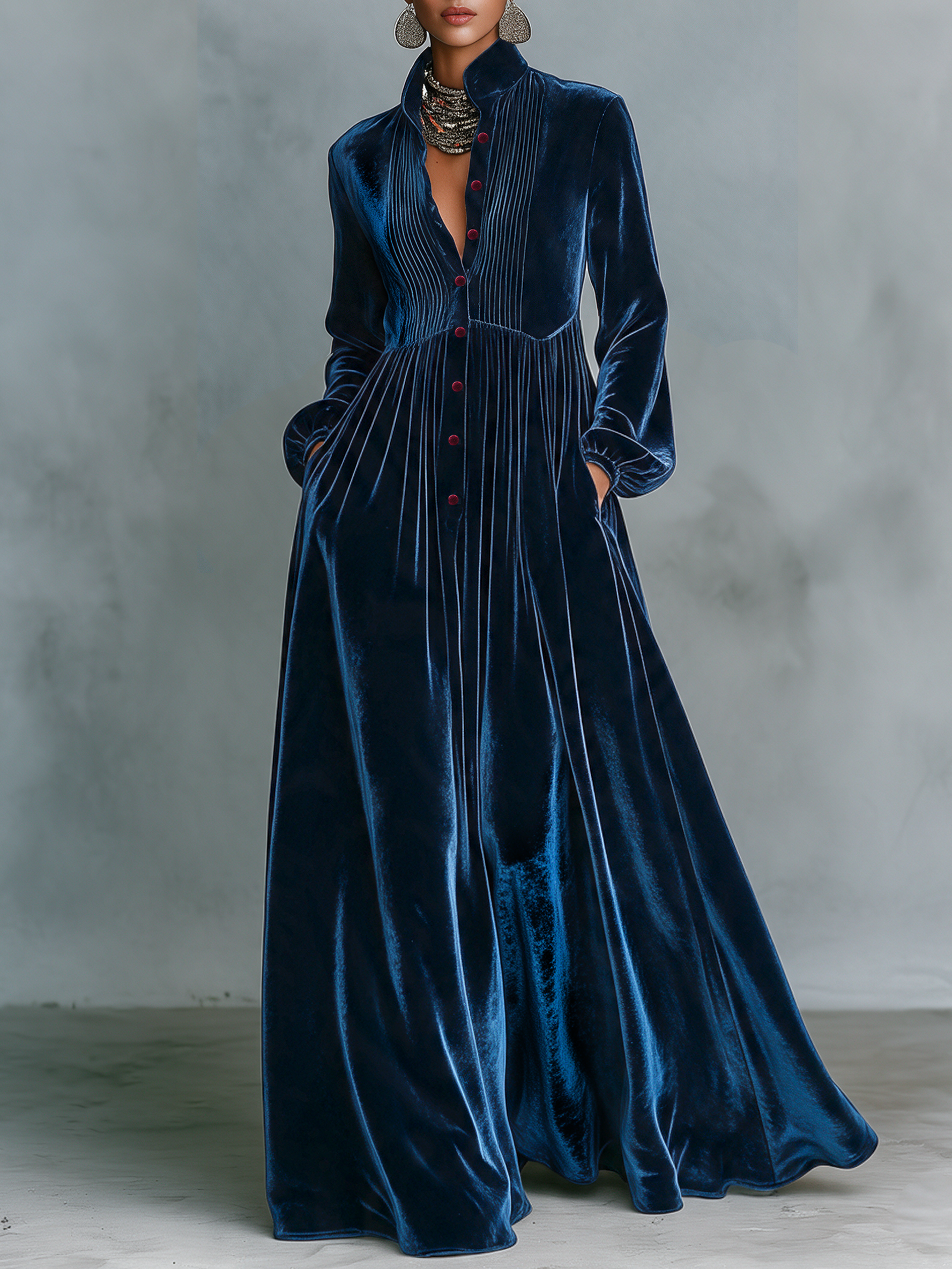 Women's Vintage Single-Breasted Velvet Maxi Dress