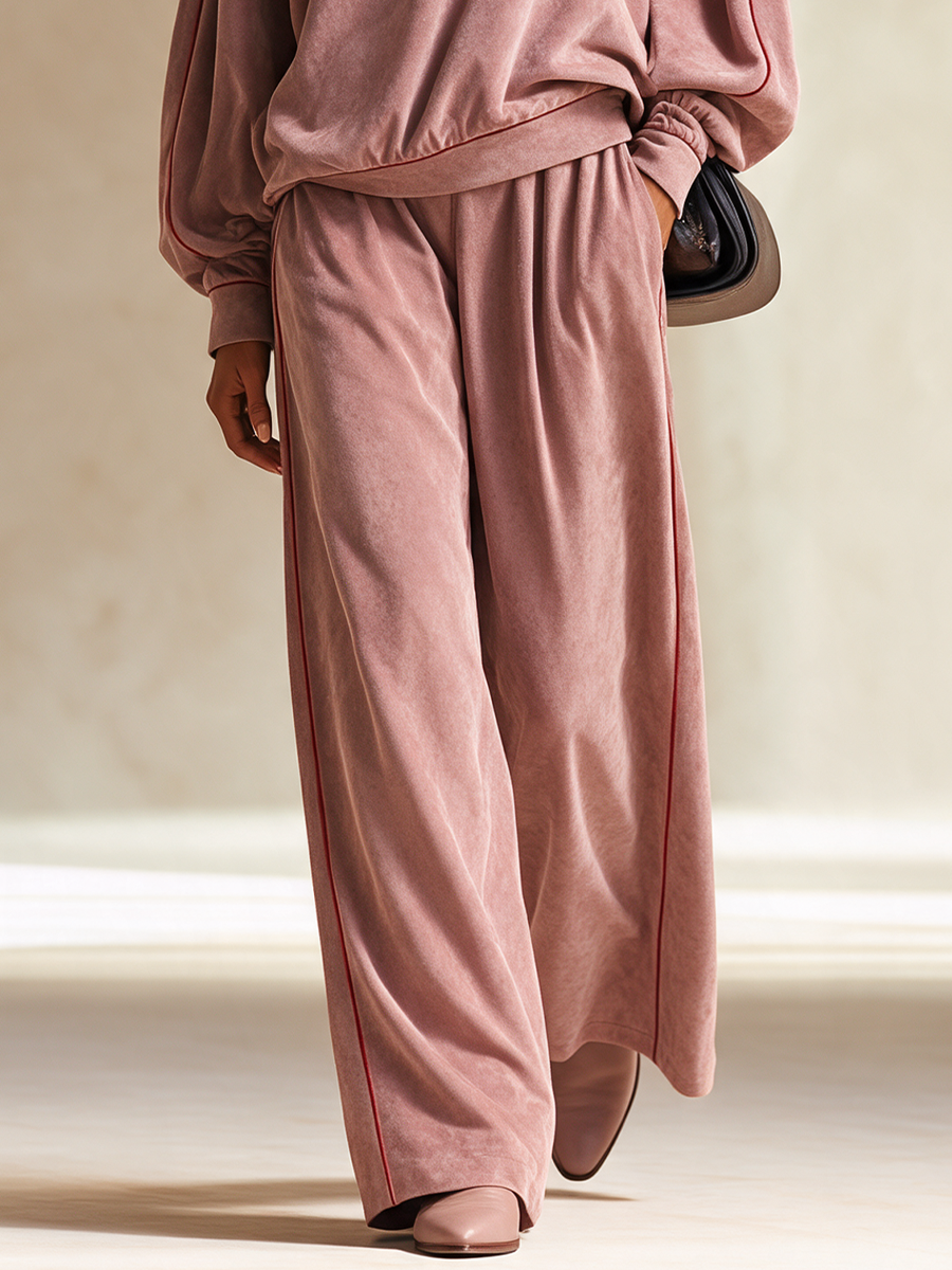 Women's Velour Cowl Neck Pullover & Wide Leg Pants Two Piece Set