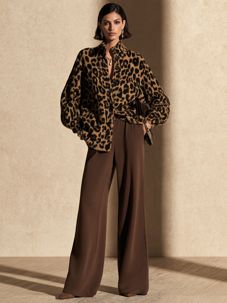 Women's Leopard Print Knit Cardigan And Wide-Leg Pants Set