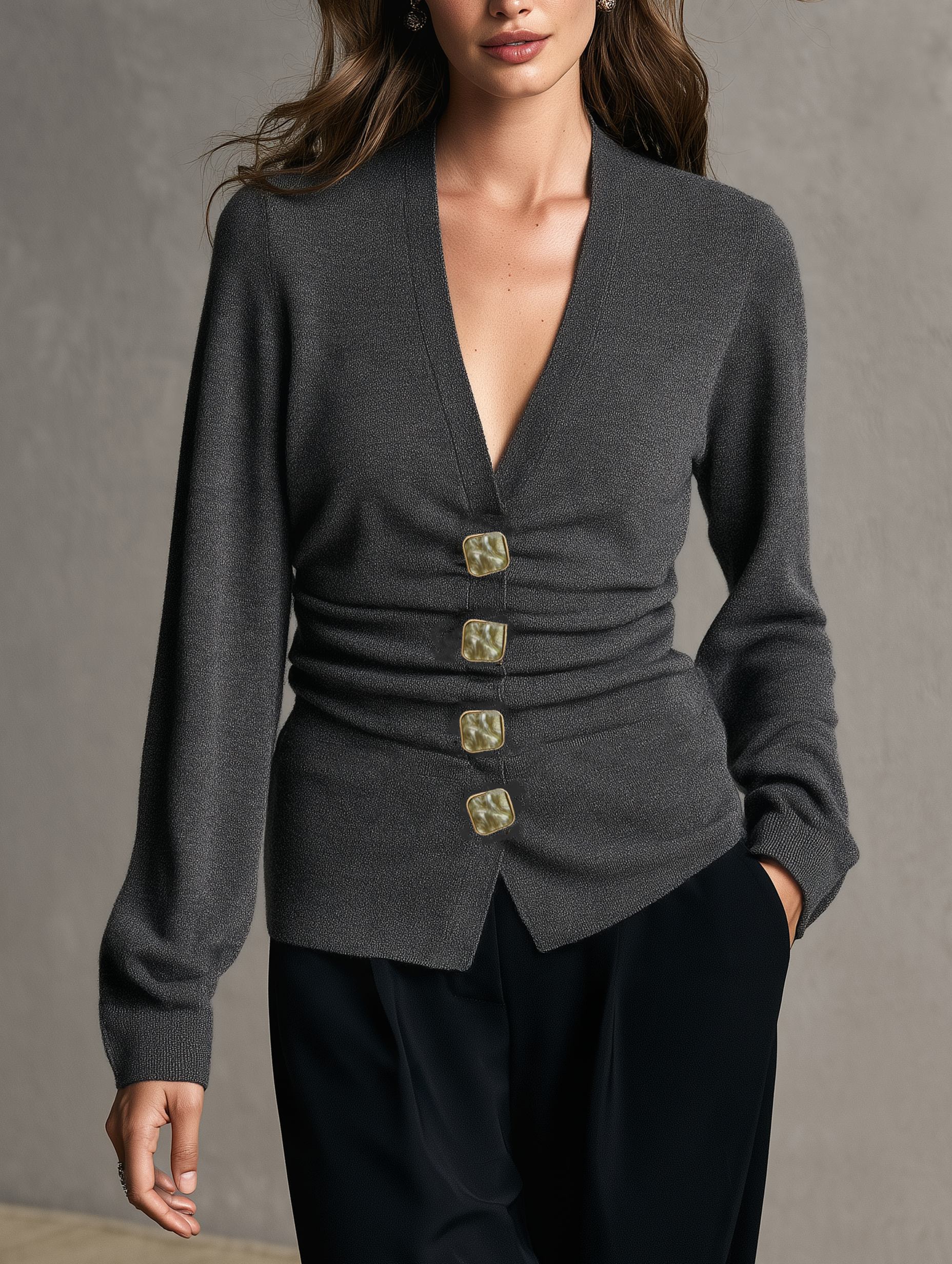 Women's Versatile Grey Stretch Knit Long-Sleeve Cardigan