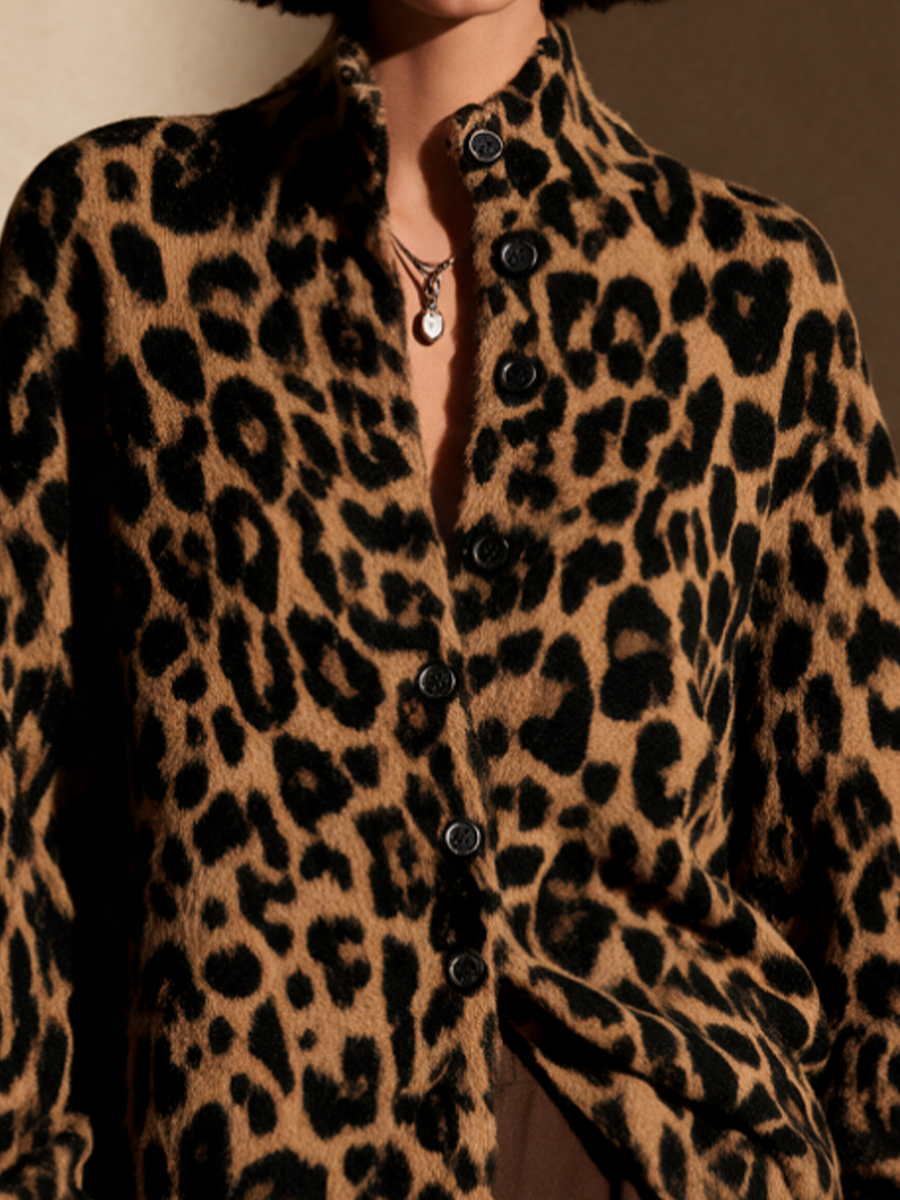 Women's Leopard Print Fashion Stand Collar Knit Cardigan