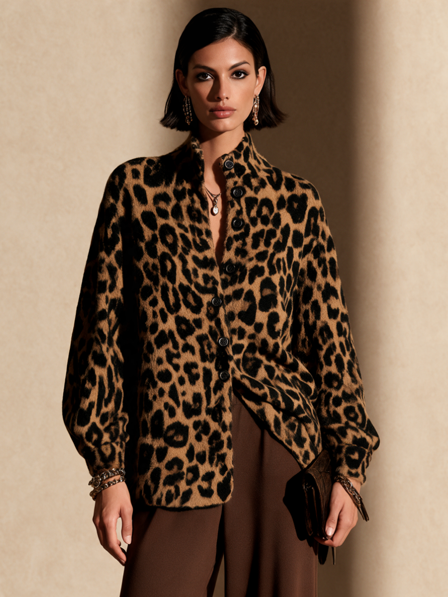 Women's Leopard Print Fashion Stand Collar Knit Cardigan