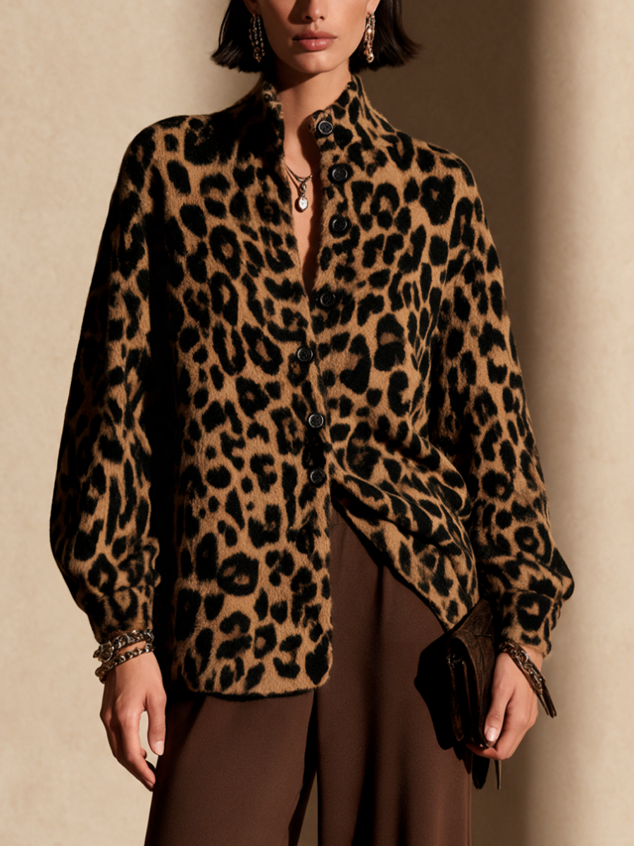 Women's Leopard Print Fashion Stand Collar Knit Cardigan