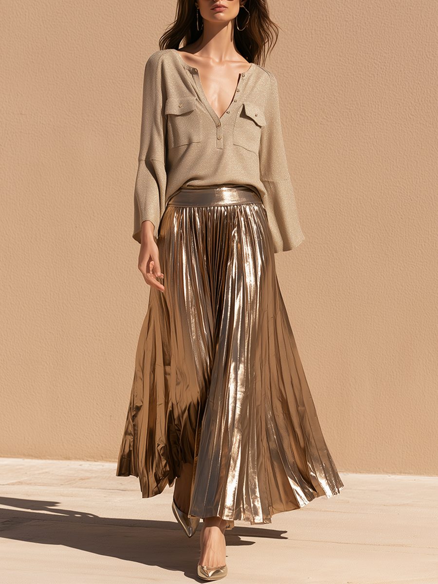 Women's Shimmer Knit Pleated Gold Skirt Set