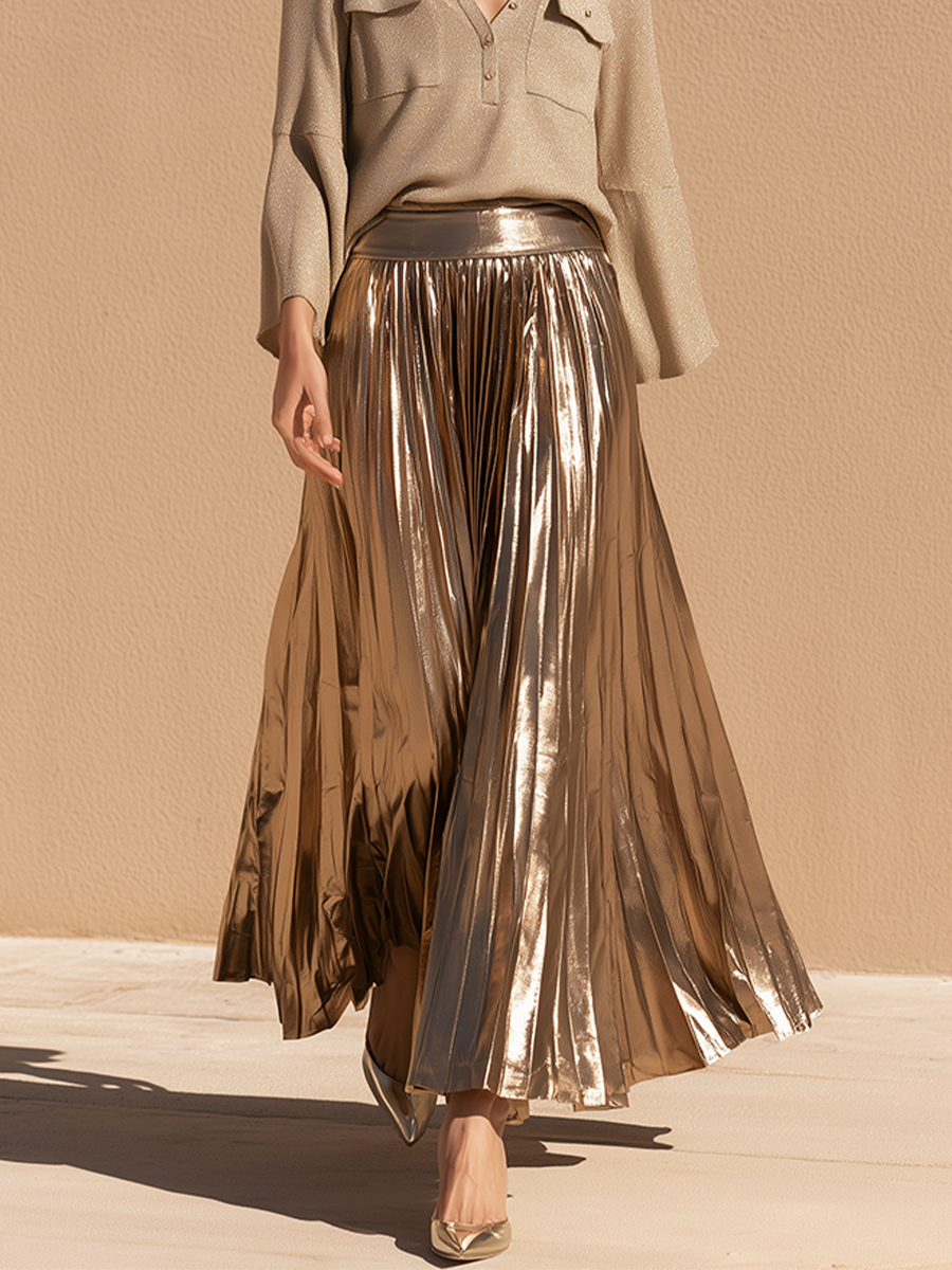 Women's Shimmer Knit Pleated Gold Skirt Set