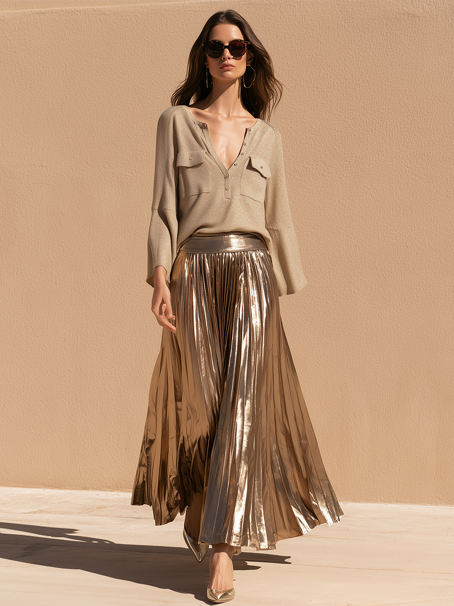 Women's Shimmer Knit Pleated Gold Skirt Set