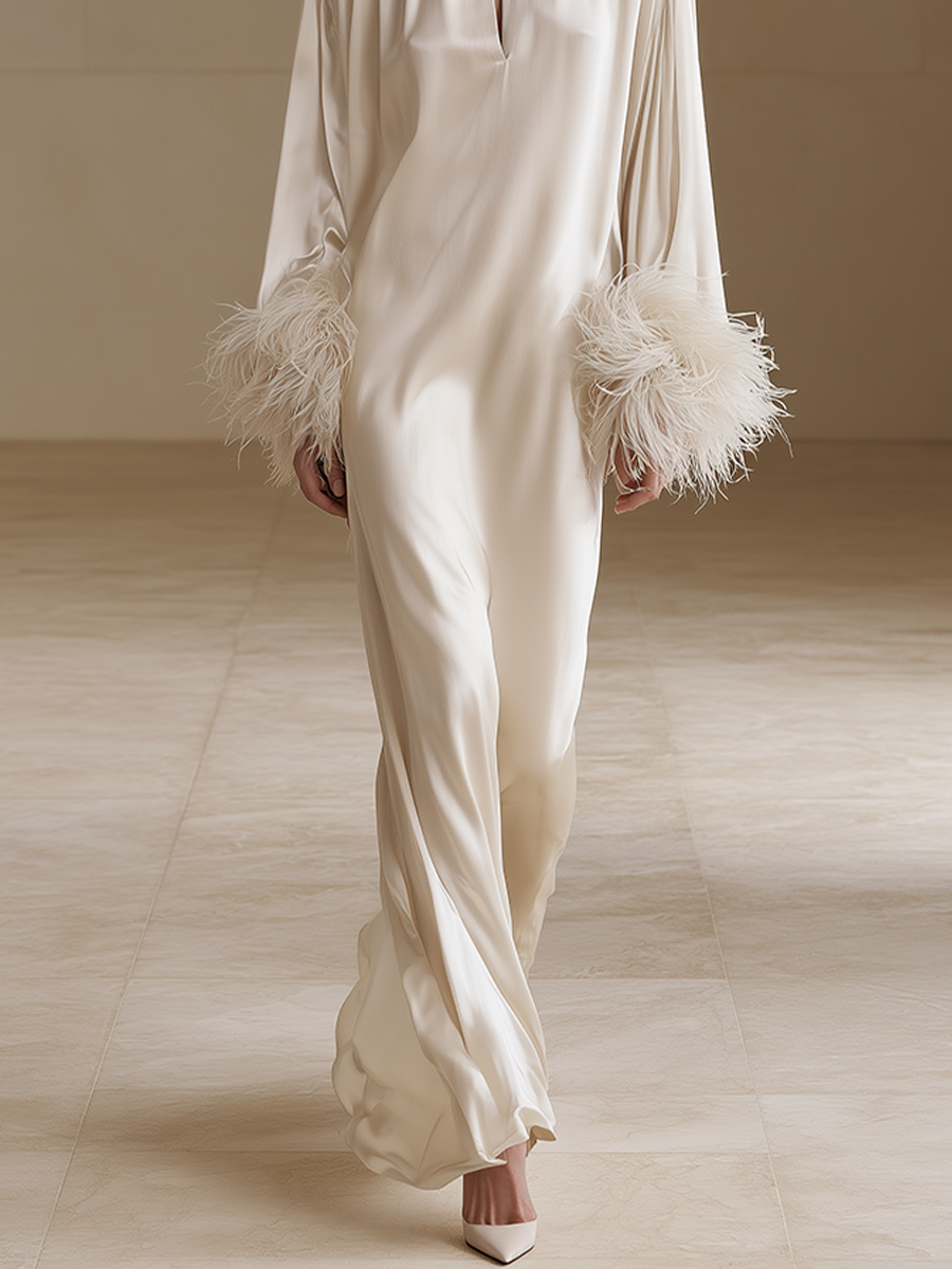 Women's Feather Cuff Satin Ivory Maxi Dress