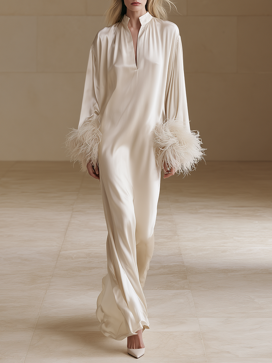 Women's Feather Cuff Satin Ivory Maxi Dress
