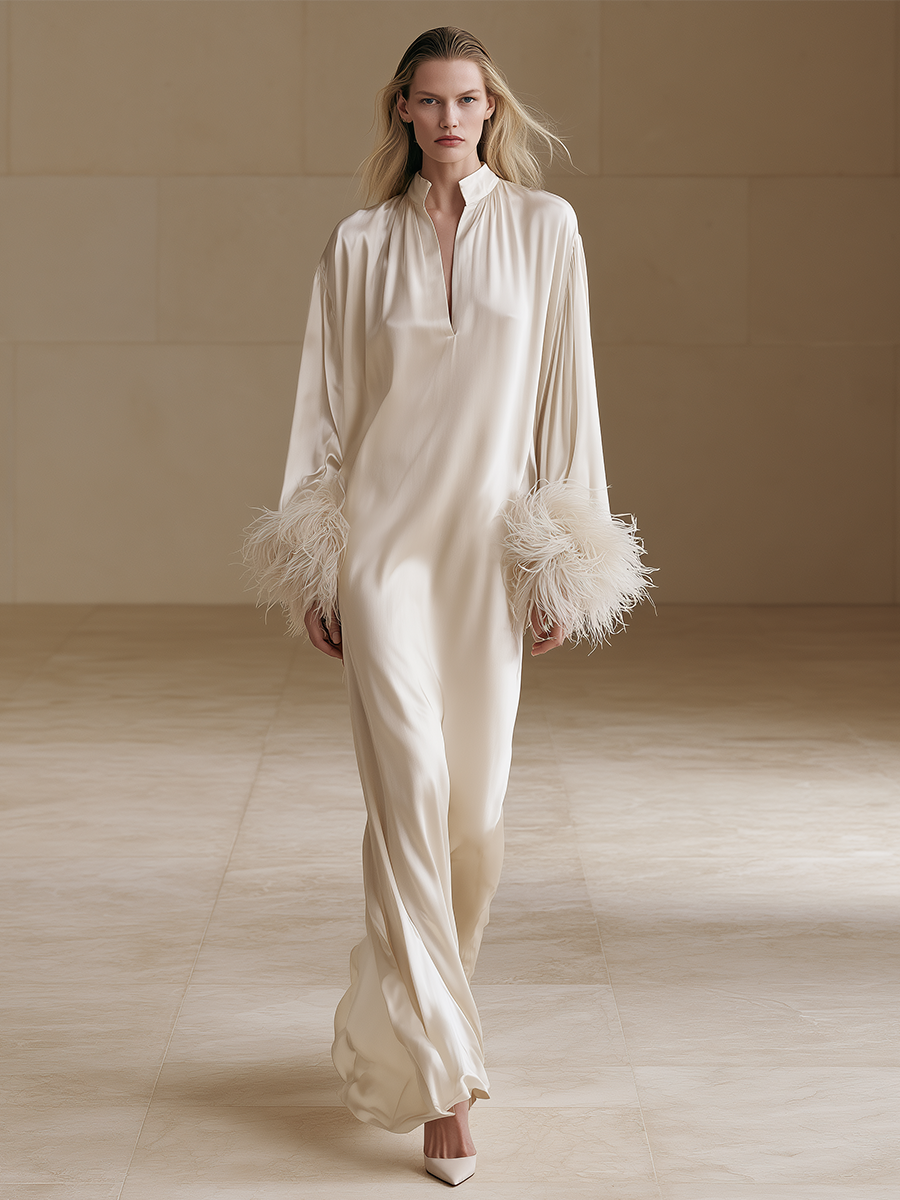 Women's Feather Cuff Satin Ivory Maxi Dress