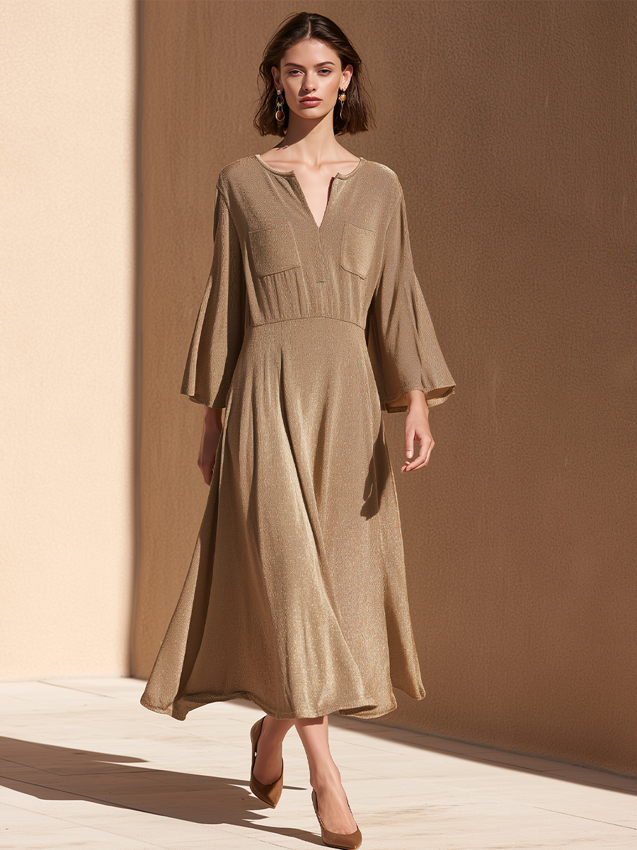 Women's Shimmer Gold V Neck Midi Dress