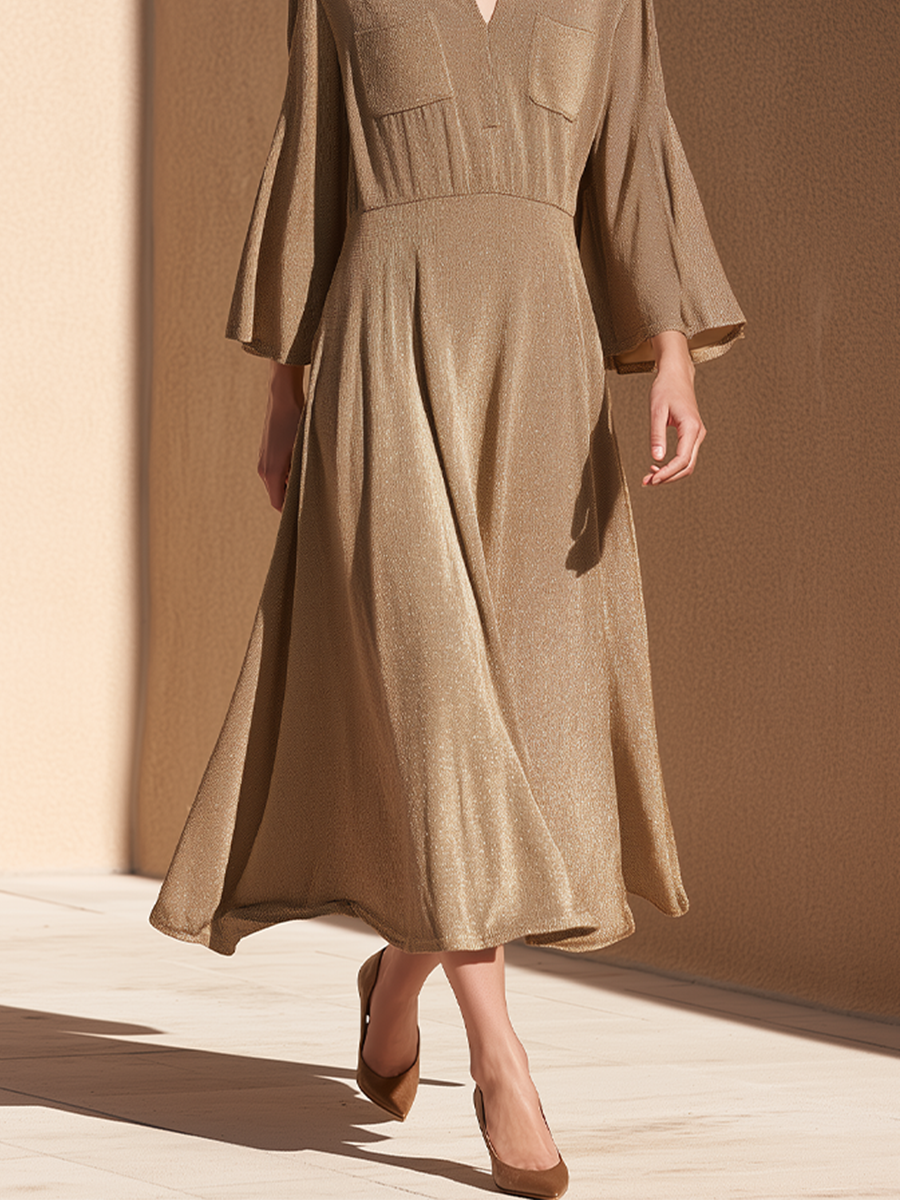 Women's Shimmer Gold V Neck Midi Dress