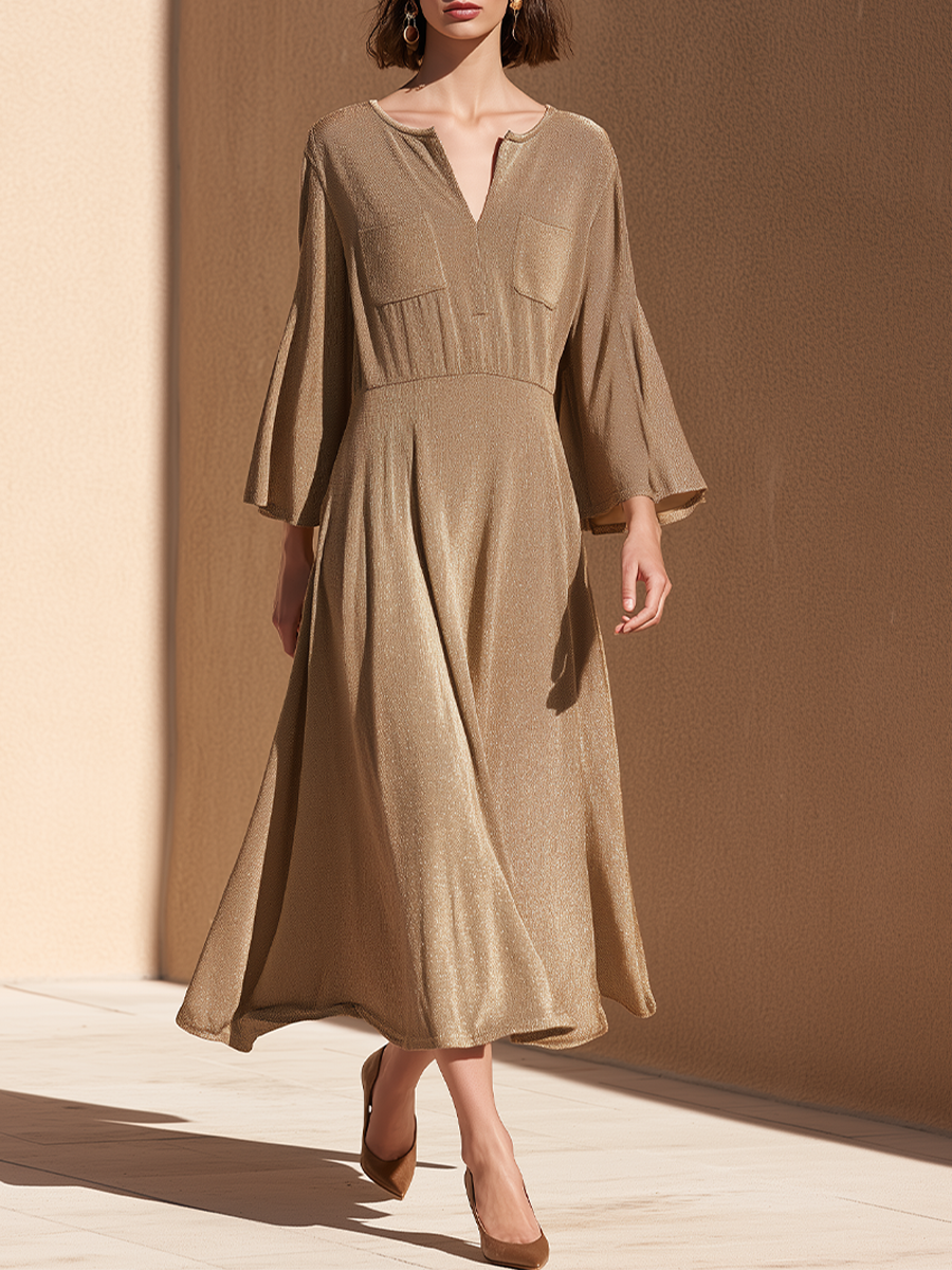 Women's Shimmer Gold V Neck Midi Dress