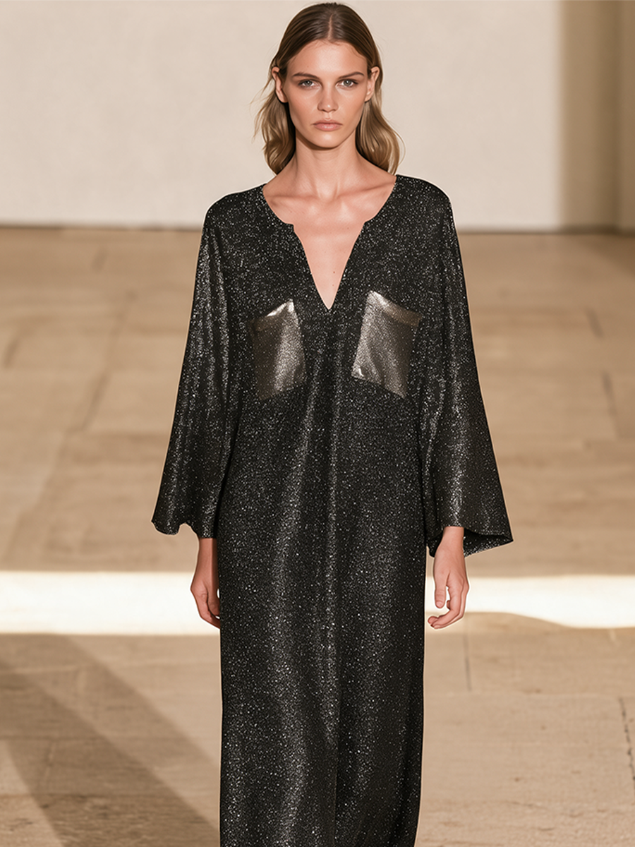 Women's Loose Glitter V Neck Midi Dress