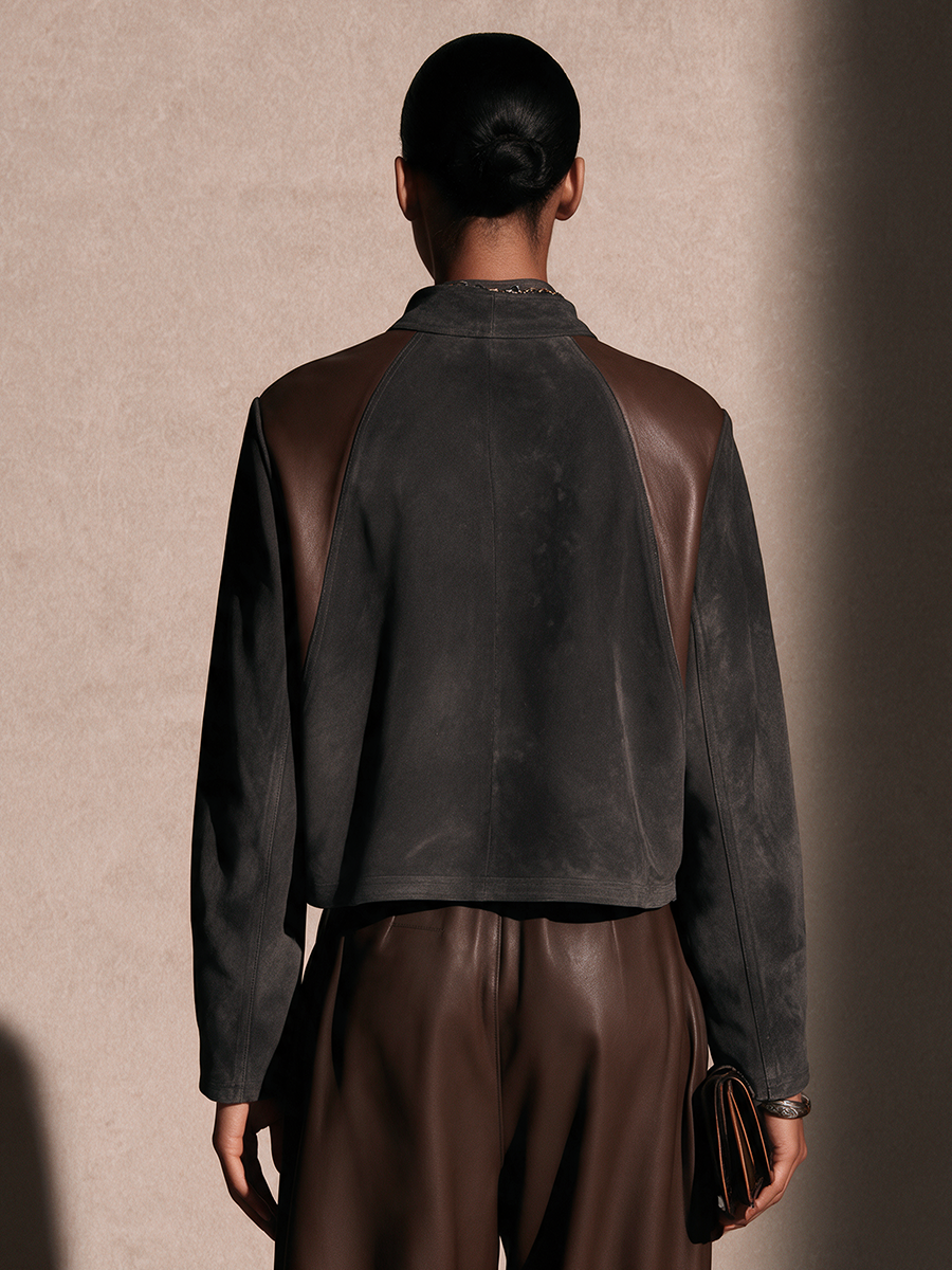 Women's Suede Color-Blocked Faux Leather Cropped Jacket