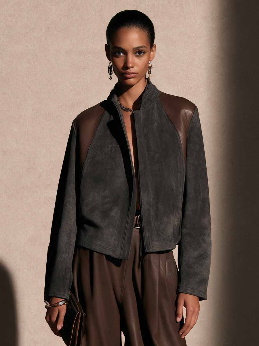 Women's Suede Color-Blocked Faux Leather Cropped Jacket