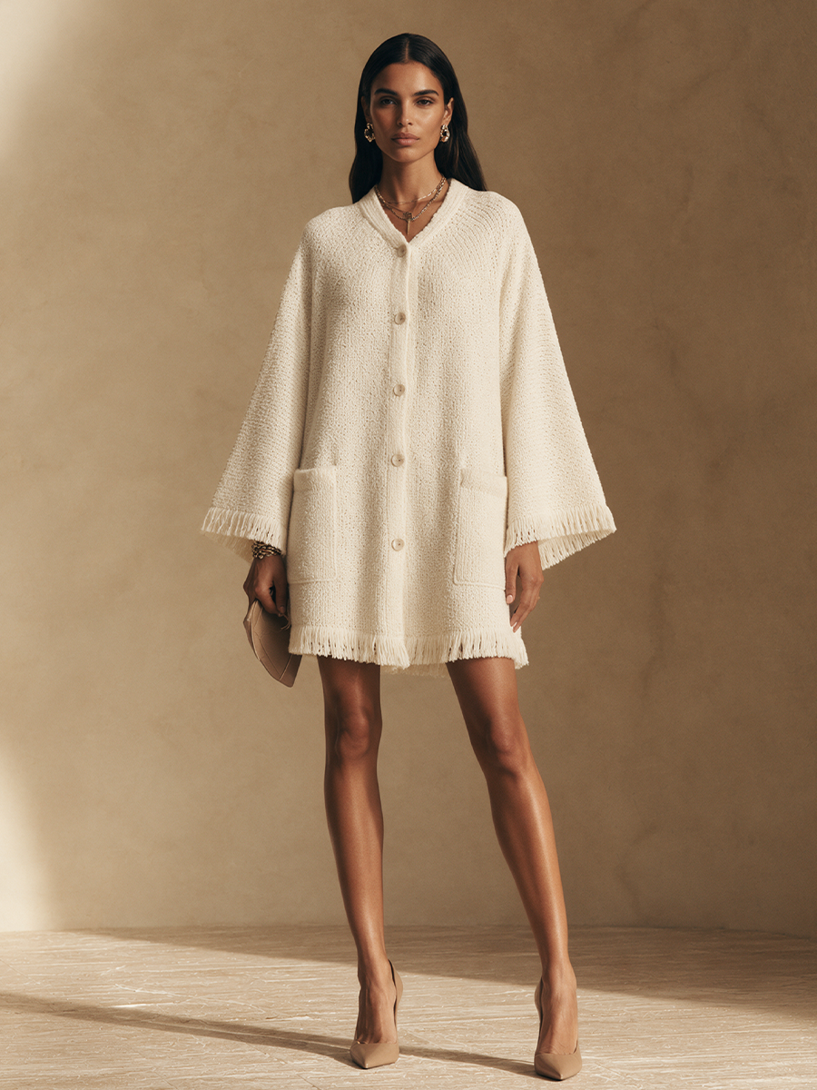 Women's Fringe Trim Relaxed Knit Mini Dress