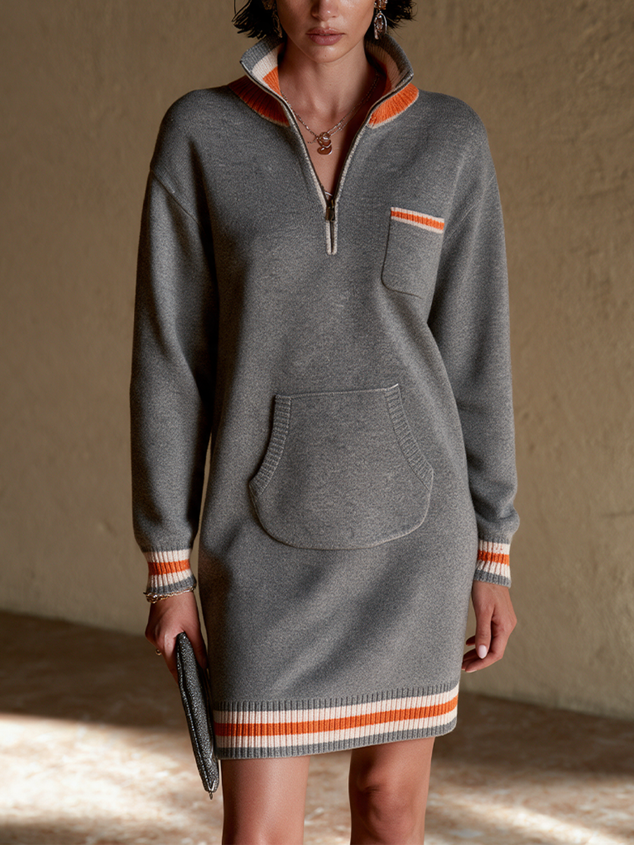 Women's Contrast Stripe Half-Zip Knit Mini Dress