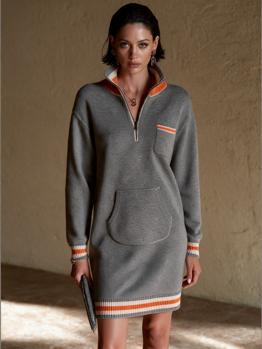 Women's Contrast Stripe Half-Zip Knit Mini Dress