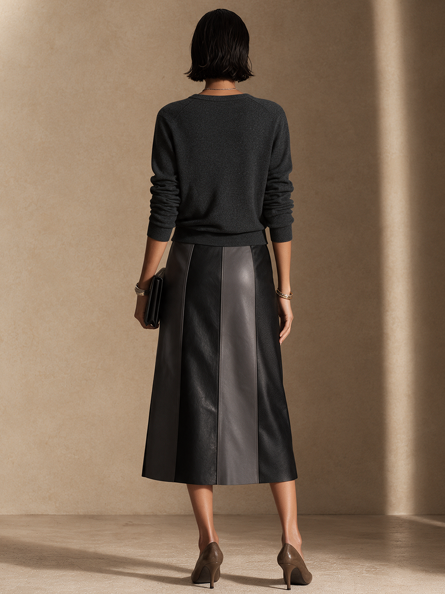 Women's Twist Knot Sweater And Faux Leather Panel Midi Skirt Set