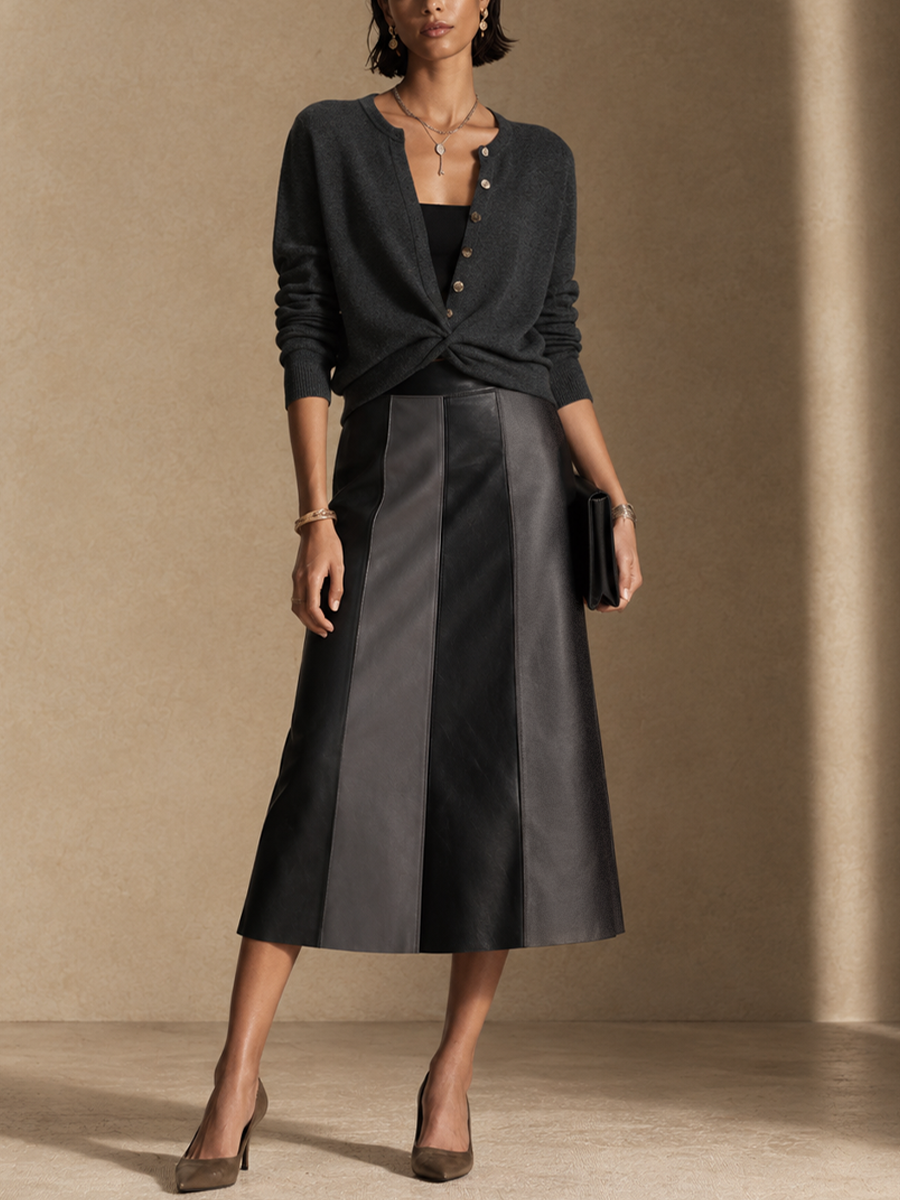 Women's Twist Knot Sweater And Faux Leather Panel Midi Skirt Set