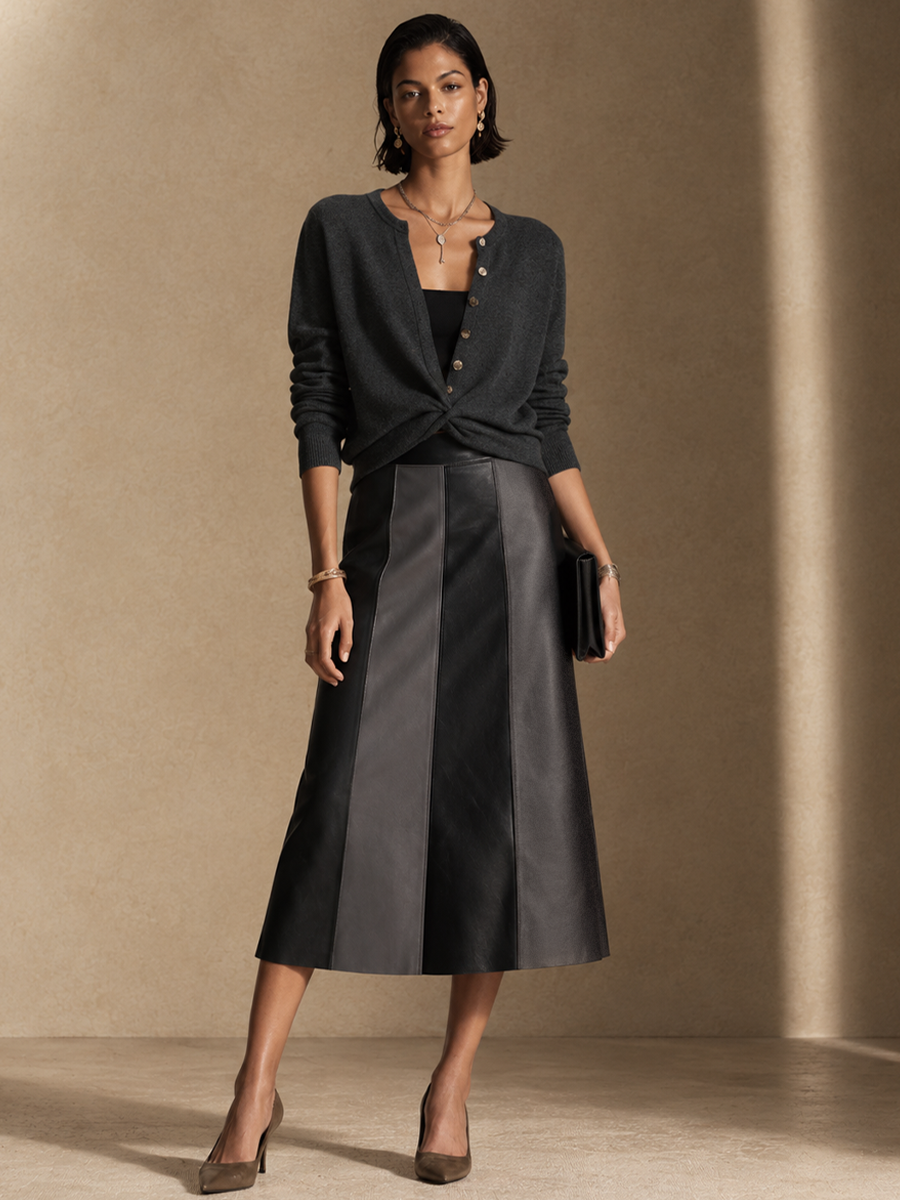 Women's Twist Knot Sweater And Faux Leather Panel Midi Skirt Set