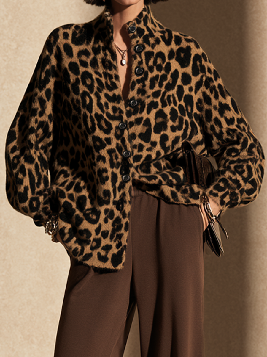 Women's Leopard Print Knit Cardigan And Wide-Leg Pants Set
