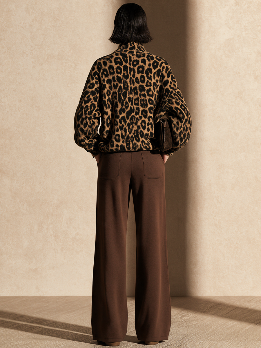 Women's Leopard Print Knit Cardigan And Wide-Leg Pants Set
