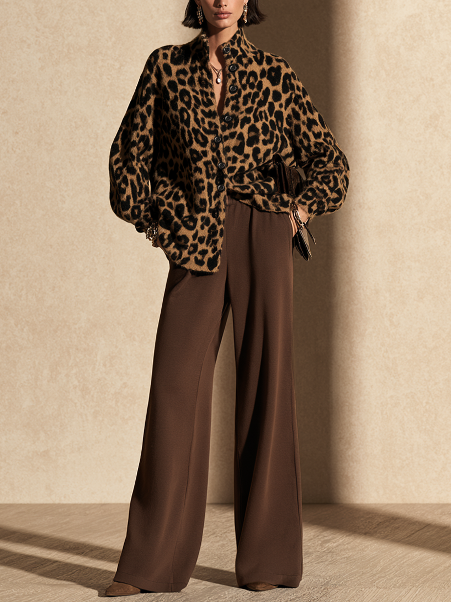 Women's Leopard Print Knit Cardigan And Wide-Leg Pants Set