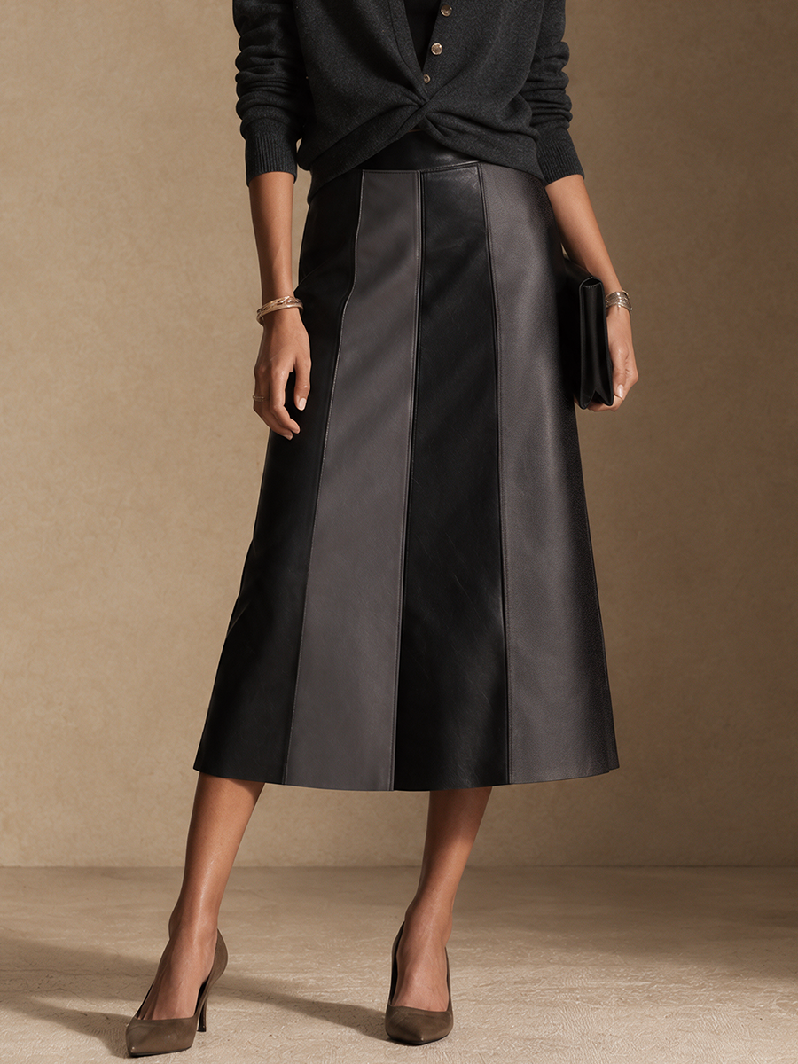 Women's Color-Blocked Elegant Faux Leather Midi Skirt
