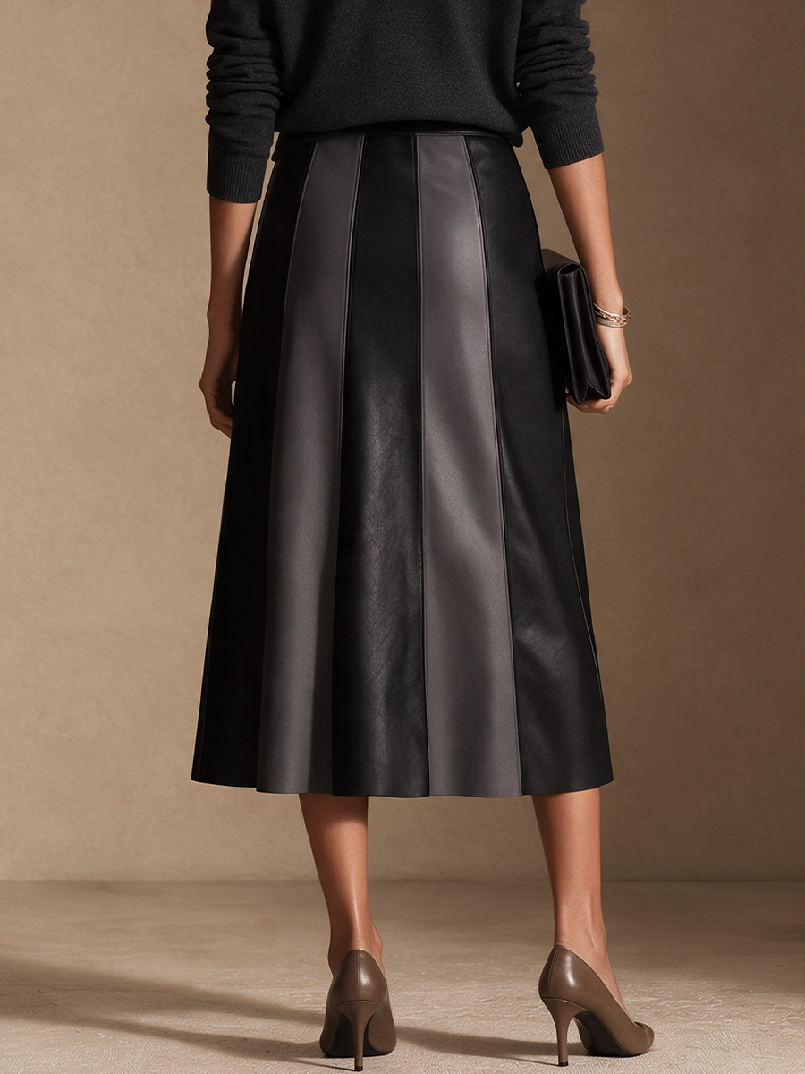 Women's Color-Blocked Elegant Faux Leather Midi Skirt