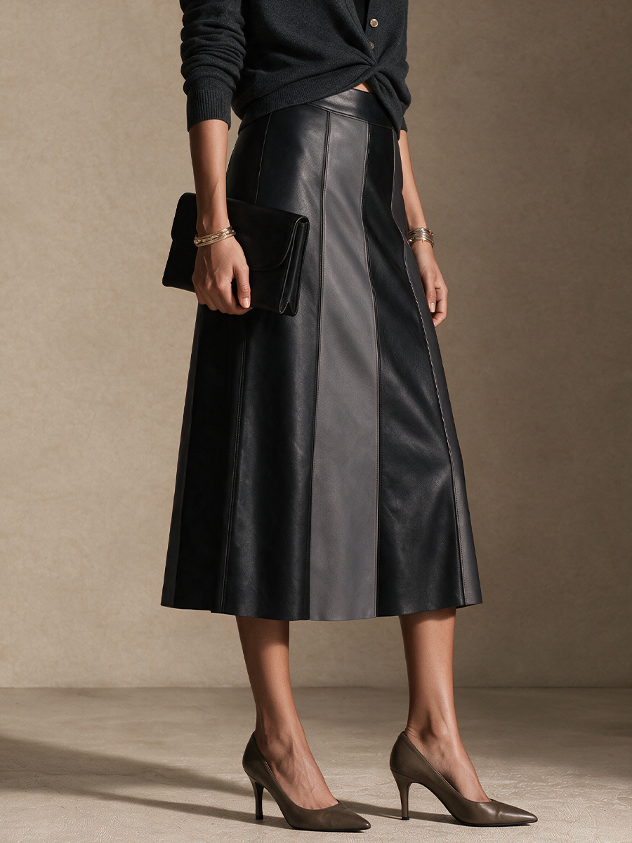Women's Color-Blocked Elegant Faux Leather Midi Skirt