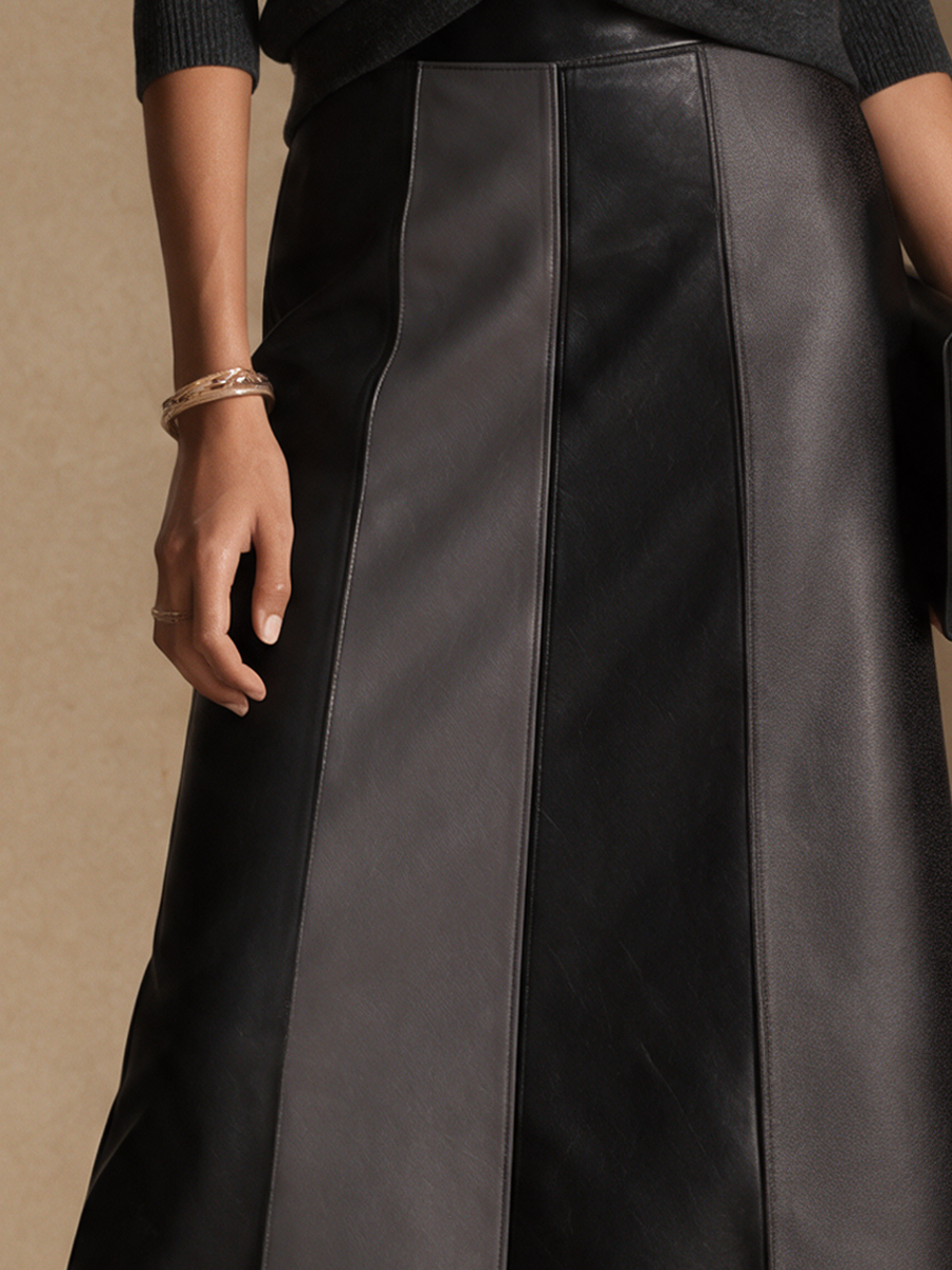 Women's Color-Blocked Elegant Faux Leather Midi Skirt